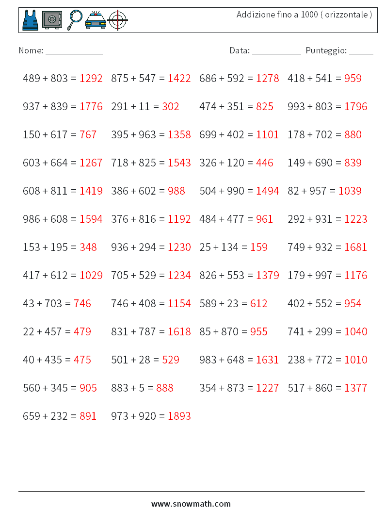 (50) Addizione fino a 1000 ( orizzontale ) Fogli di lavoro di matematica 2 Domanda, Risposta