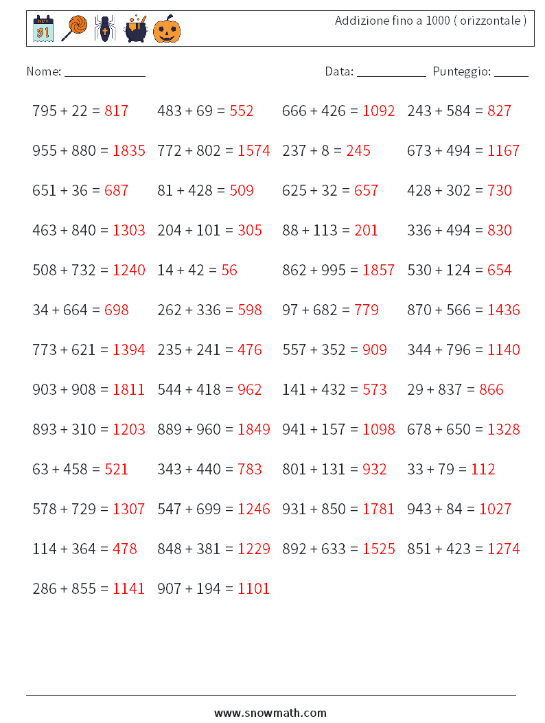 (50) Addizione fino a 1000 ( orizzontale ) Fogli di lavoro di matematica 3 Domanda, Risposta