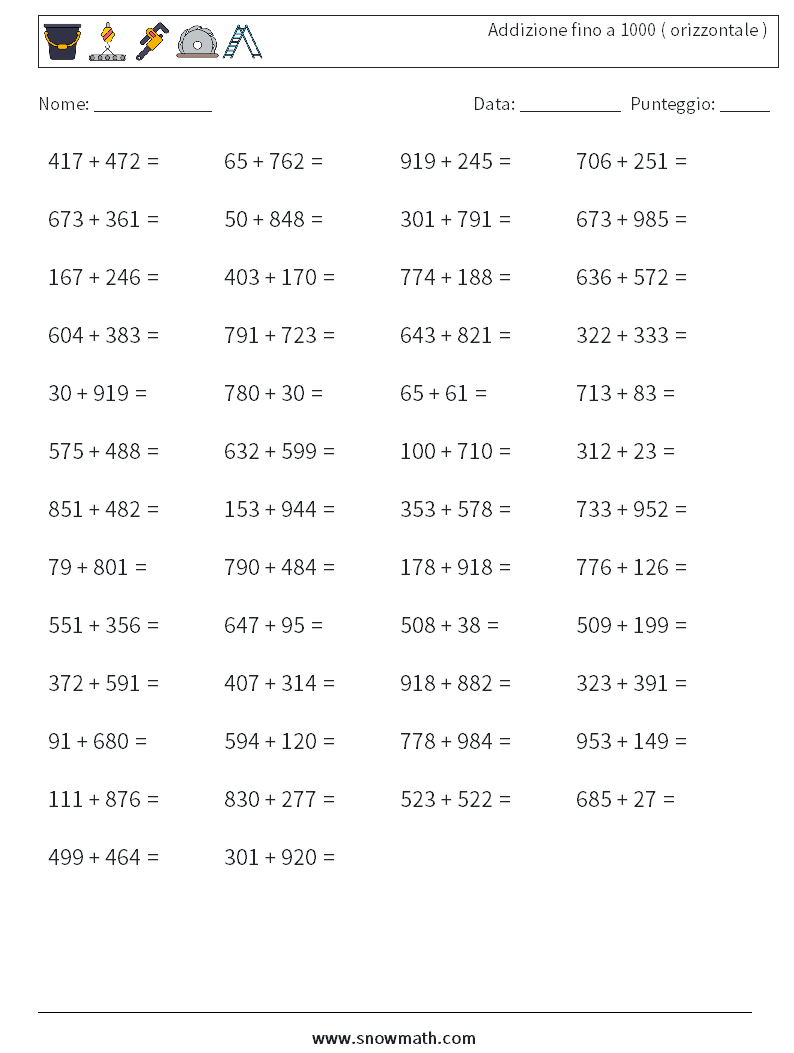 (50) Addizione fino a 1000 ( orizzontale ) Fogli di lavoro di matematica 4