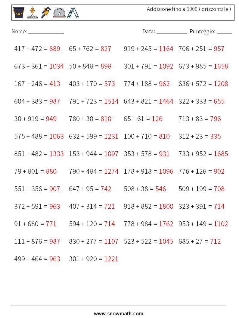 (50) Addizione fino a 1000 ( orizzontale ) Fogli di lavoro di matematica 4 Domanda, Risposta