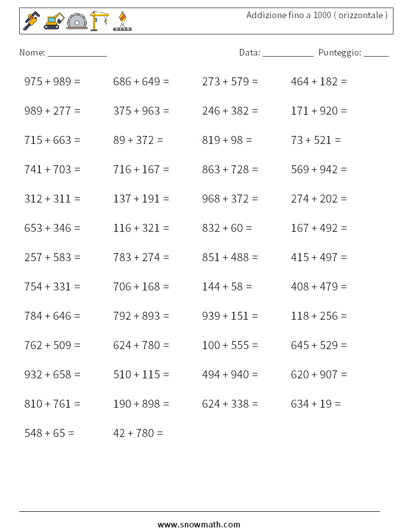 (50) Addizione fino a 1000 ( orizzontale ) Fogli di lavoro di matematica 5