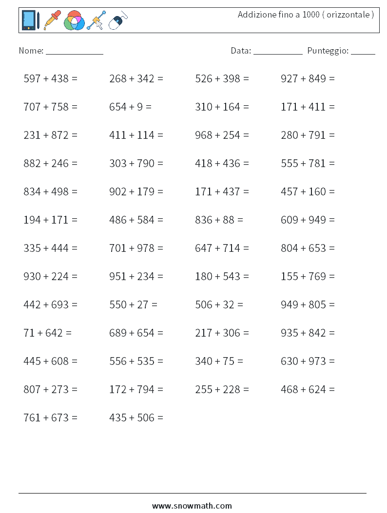 (50) Addizione fino a 1000 ( orizzontale ) Fogli di lavoro di matematica 6