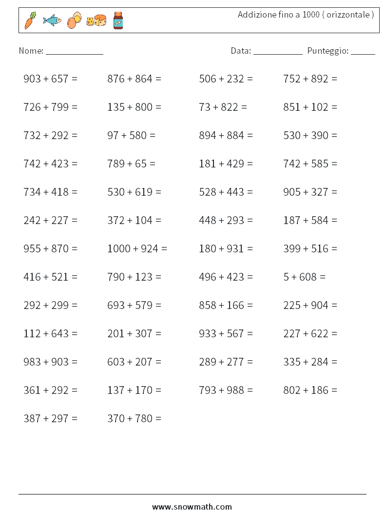 (50) Addizione fino a 1000 ( orizzontale ) Fogli di lavoro di matematica 7