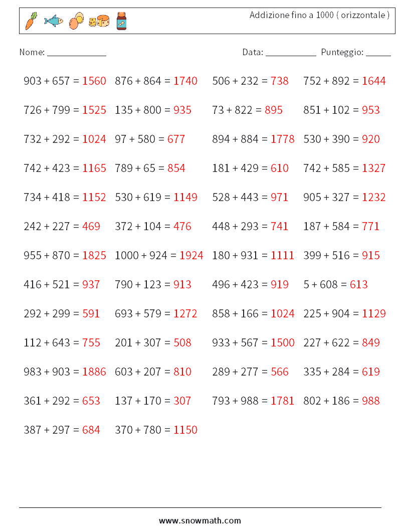 (50) Addizione fino a 1000 ( orizzontale ) Fogli di lavoro di matematica 7 Domanda, Risposta