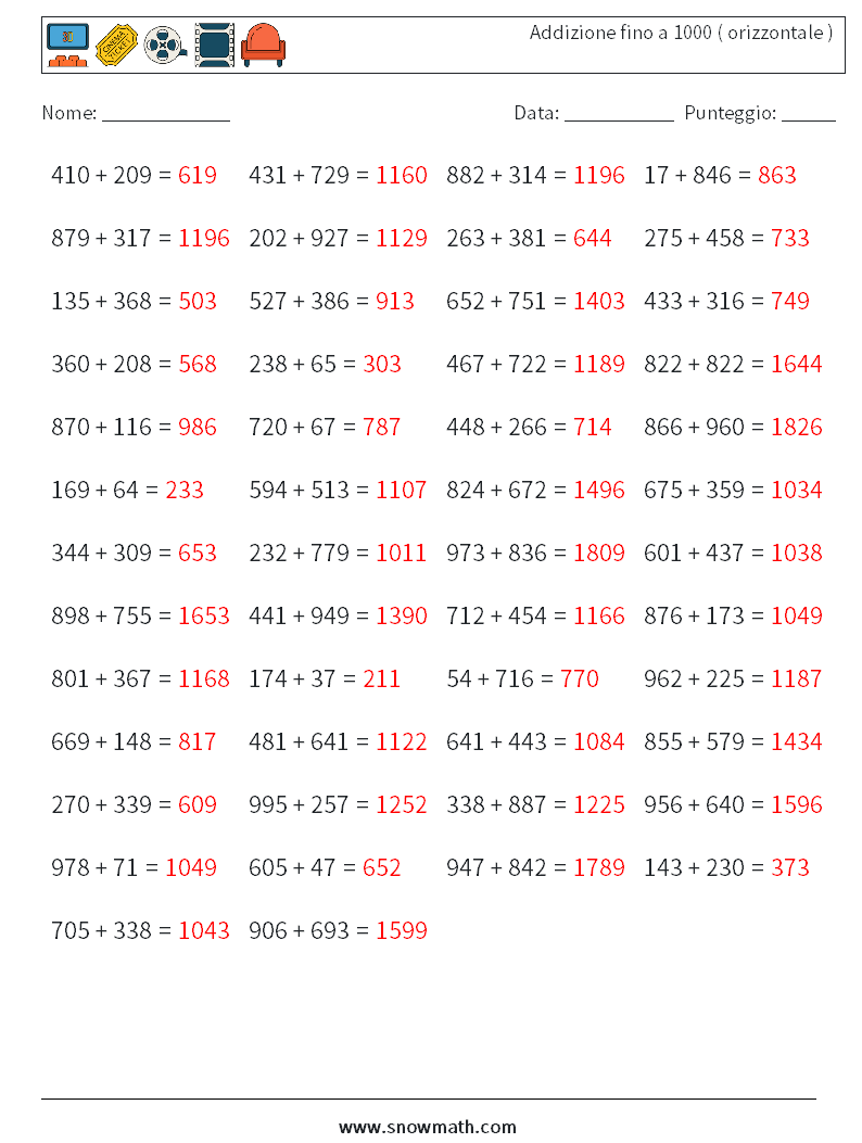 (50) Addizione fino a 1000 ( orizzontale ) Fogli di lavoro di matematica 8 Domanda, Risposta