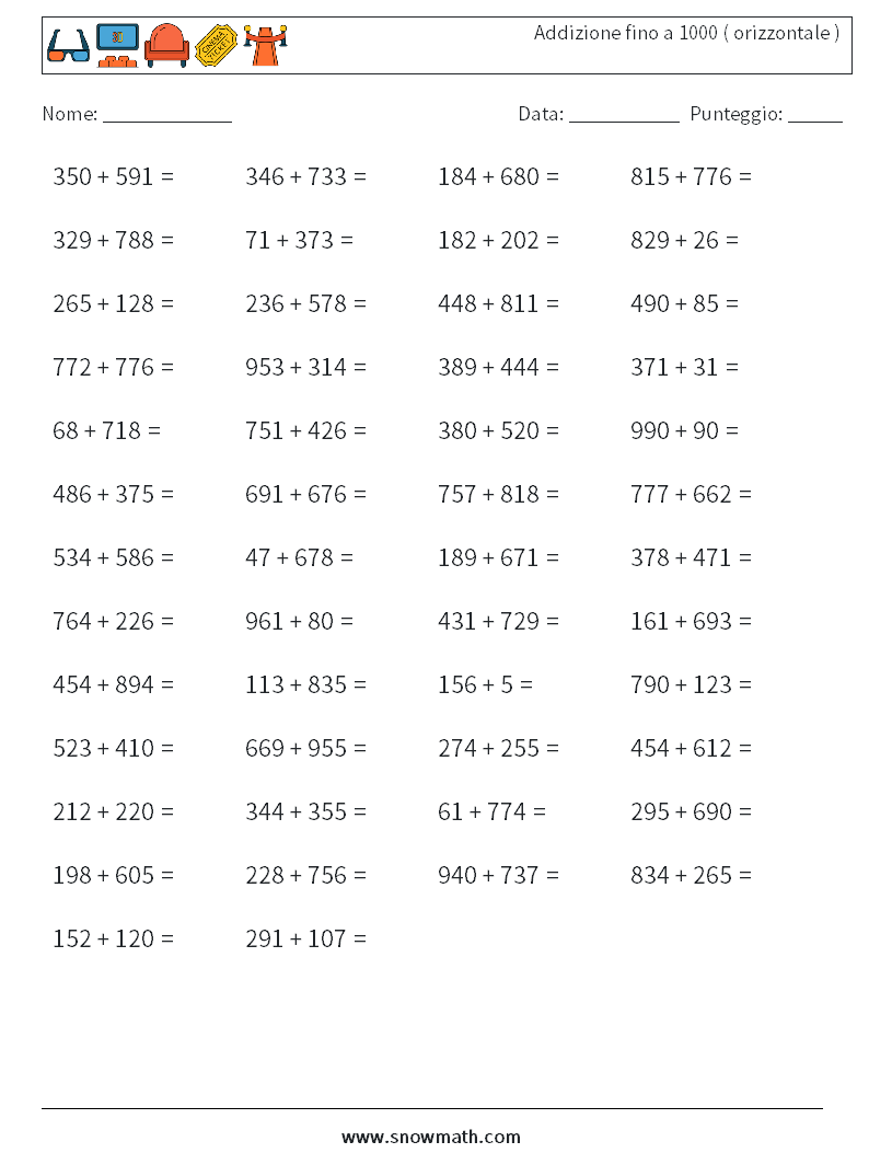 (50) Addizione fino a 1000 ( orizzontale ) Fogli di lavoro di matematica 9