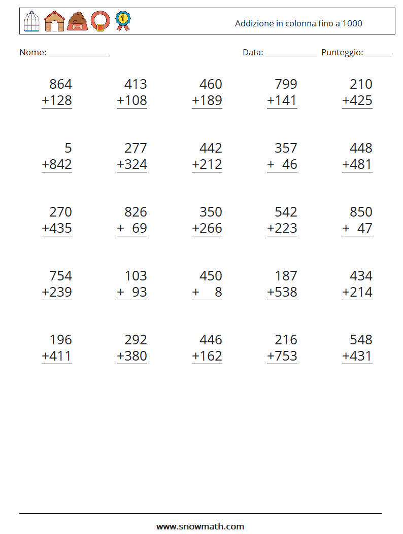 (25) Addizione in colonna fino a 1000 Fogli di lavoro di matematica 10