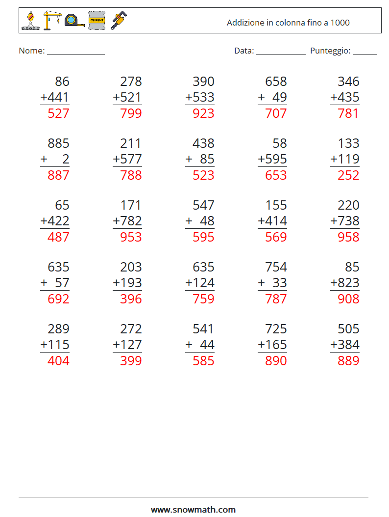 (25) Addizione in colonna fino a 1000 Fogli di lavoro di matematica 13 Domanda, Risposta