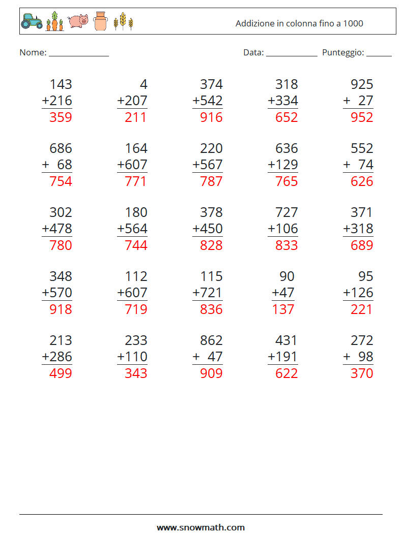 (25) Addizione in colonna fino a 1000 Fogli di lavoro di matematica 14 Domanda, Risposta