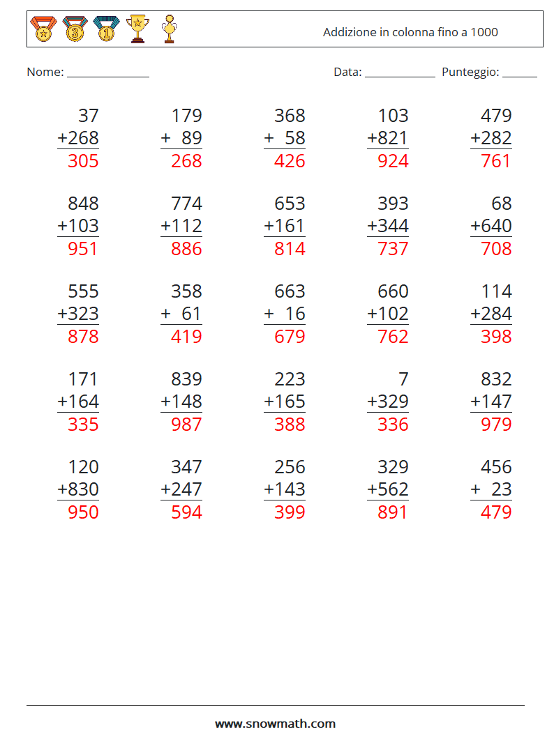 (25) Addizione in colonna fino a 1000 Fogli di lavoro di matematica 16 Domanda, Risposta