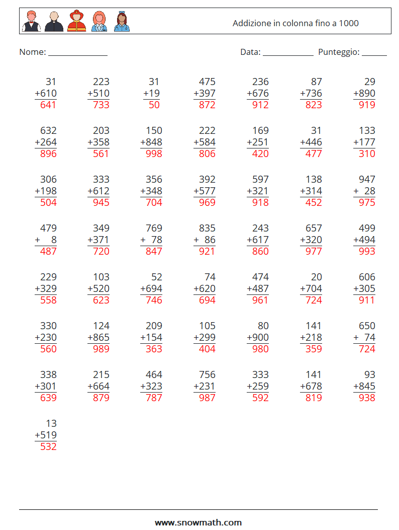 (50) Addizione in colonna fino a 1000 Fogli di lavoro di matematica 10 Domanda, Risposta