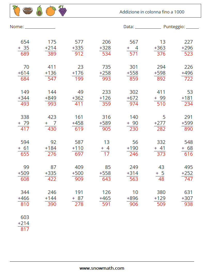 (50) Addizione in colonna fino a 1000 Fogli di lavoro di matematica 11 Domanda, Risposta