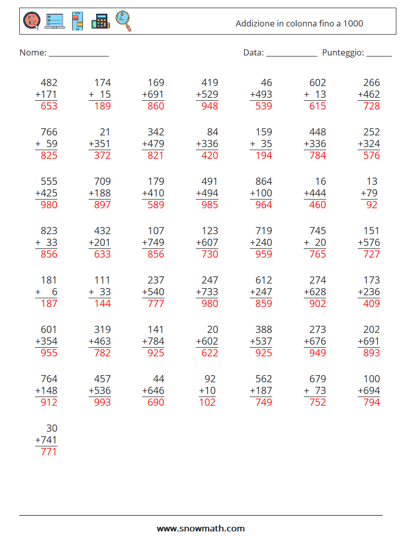 (50) Addizione in colonna fino a 1000 Fogli di lavoro di matematica 12 Domanda, Risposta