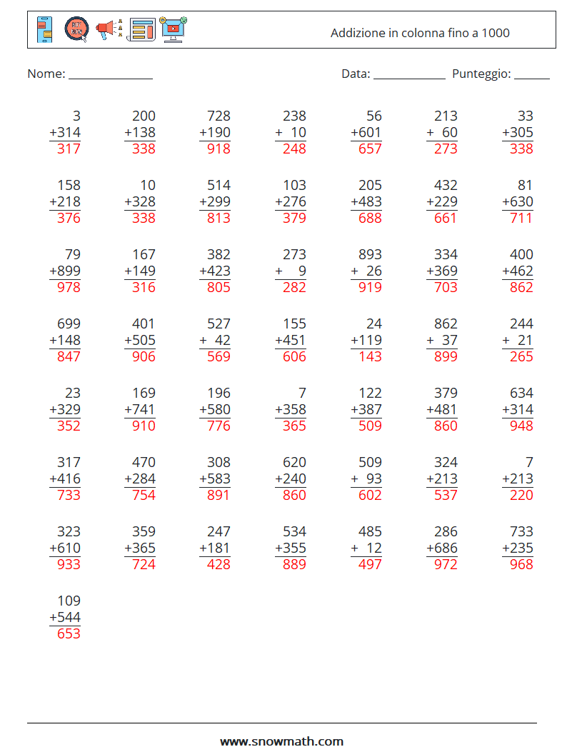 (50) Addizione in colonna fino a 1000 Fogli di lavoro di matematica 13 Domanda, Risposta