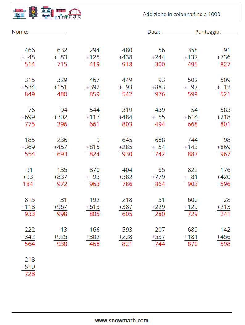 (50) Addizione in colonna fino a 1000 Fogli di lavoro di matematica 15 Domanda, Risposta