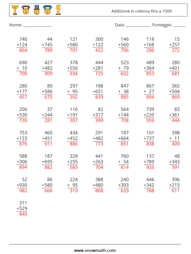 (50) Addizione in colonna fino a 1000 Fogli di lavoro di matematica 16 Domanda, Risposta
