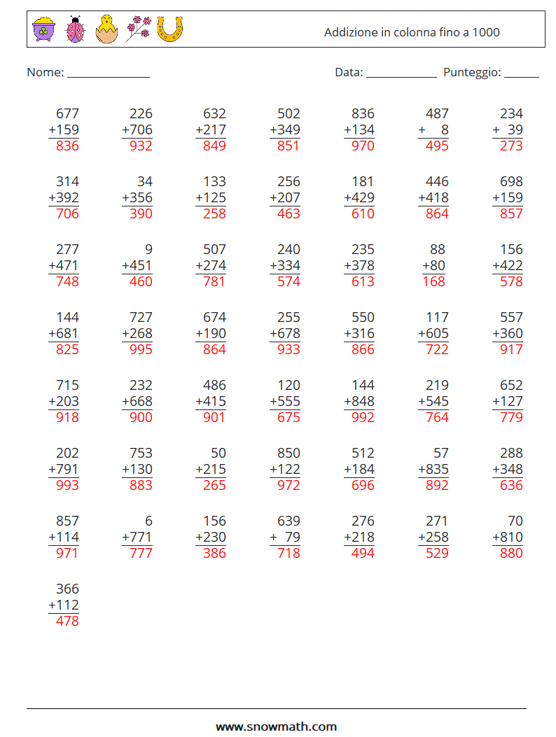 (50) Addizione in colonna fino a 1000 Fogli di lavoro di matematica 17 Domanda, Risposta