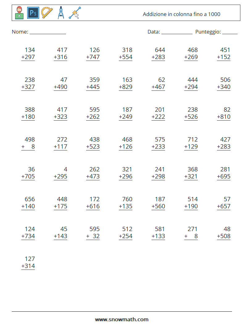 (50) Addizione in colonna fino a 1000 Fogli di lavoro di matematica 2