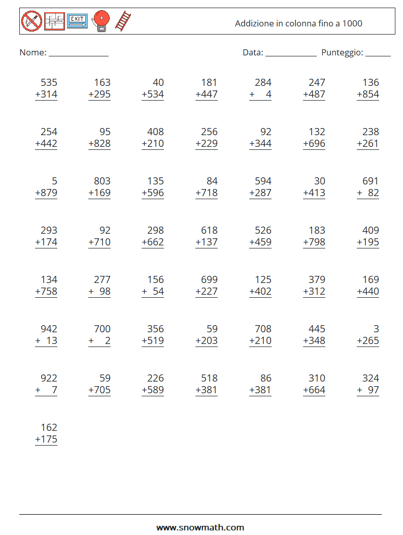 (50) Addizione in colonna fino a 1000 Fogli di lavoro di matematica 7