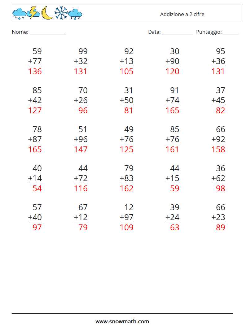 (25) Addizione a 2 cifre Fogli di lavoro di matematica 8 Domanda, Risposta