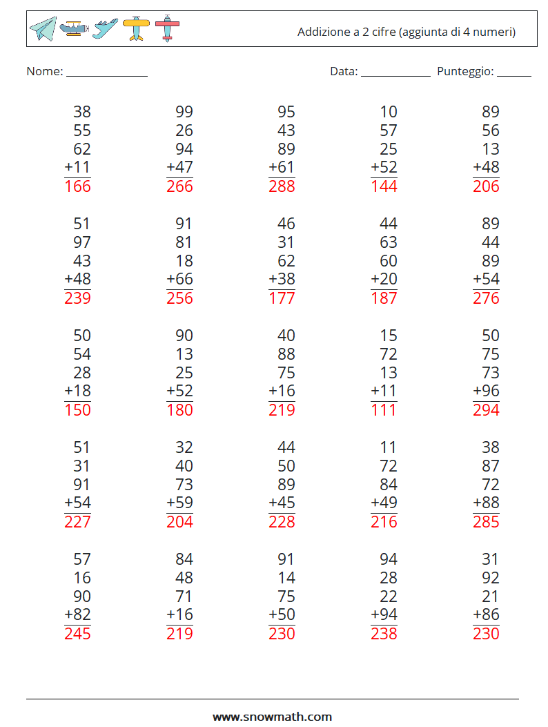 (25) Addizione a 2 cifre (aggiunta di 4 numeri) Fogli di lavoro di matematica 8 Domanda, Risposta