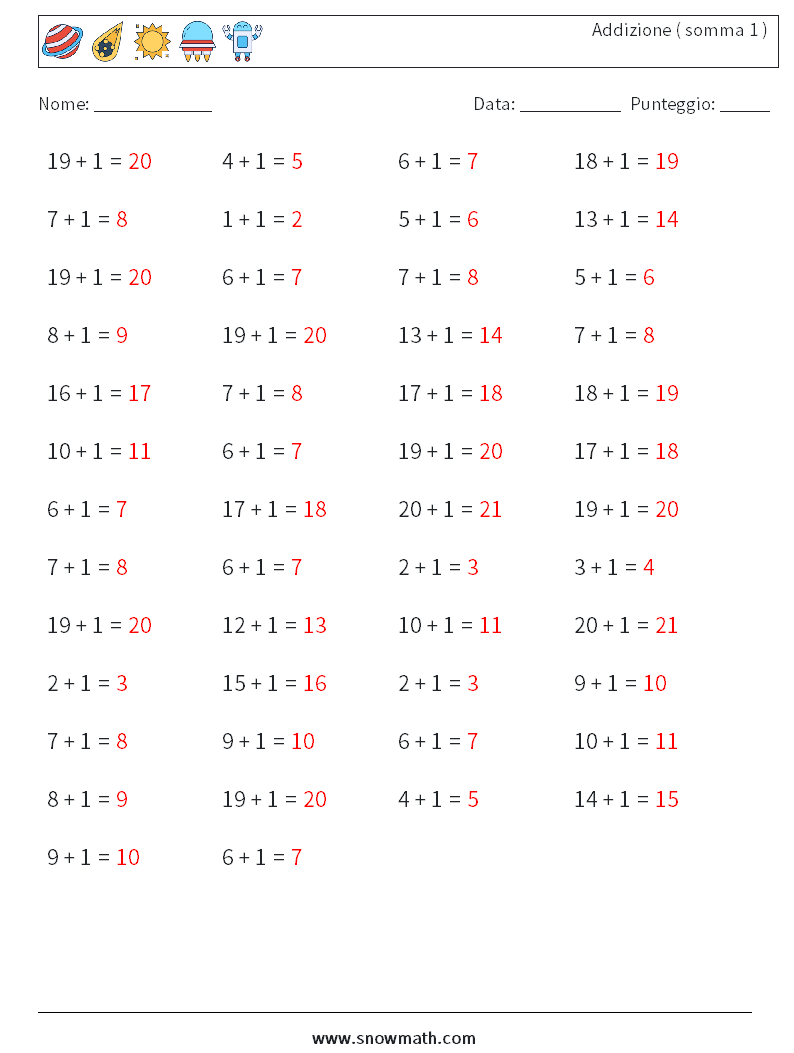 (50) Addizione ( somma 1 ) Fogli di lavoro di matematica 1 Domanda, Risposta