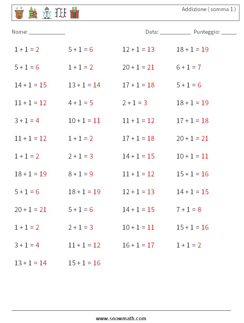 (50) Addizione ( somma 1 ) Fogli di lavoro di matematica 2 Domanda, Risposta