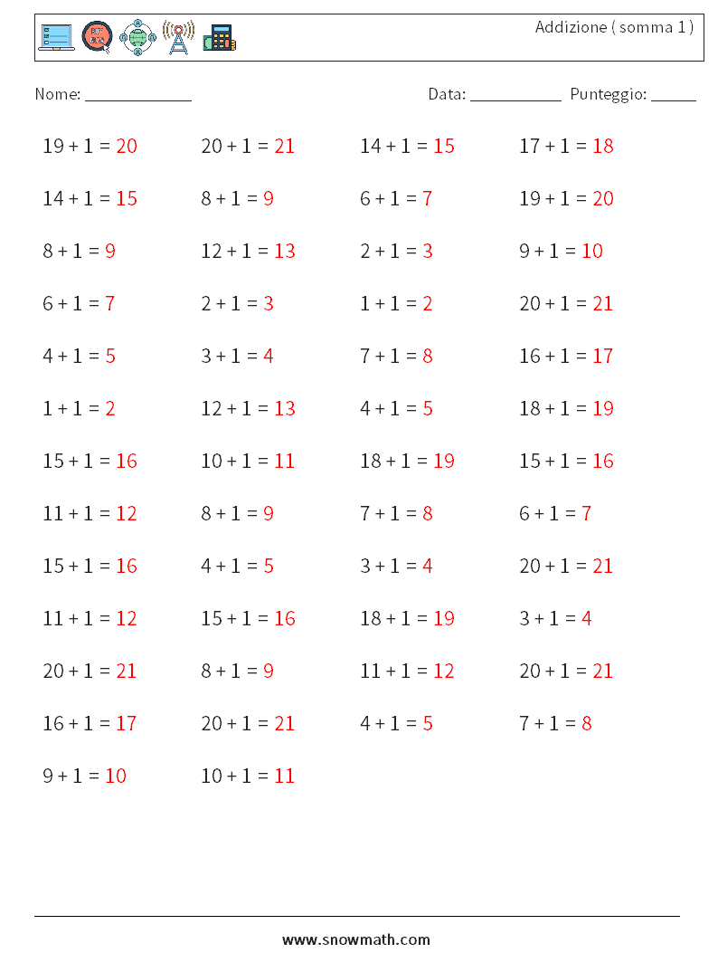 (50) Addizione ( somma 1 ) Fogli di lavoro di matematica 3 Domanda, Risposta