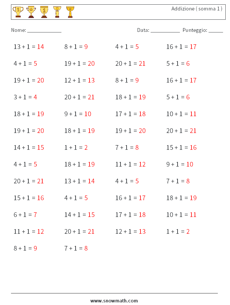 (50) Addizione ( somma 1 ) Fogli di lavoro di matematica 4 Domanda, Risposta