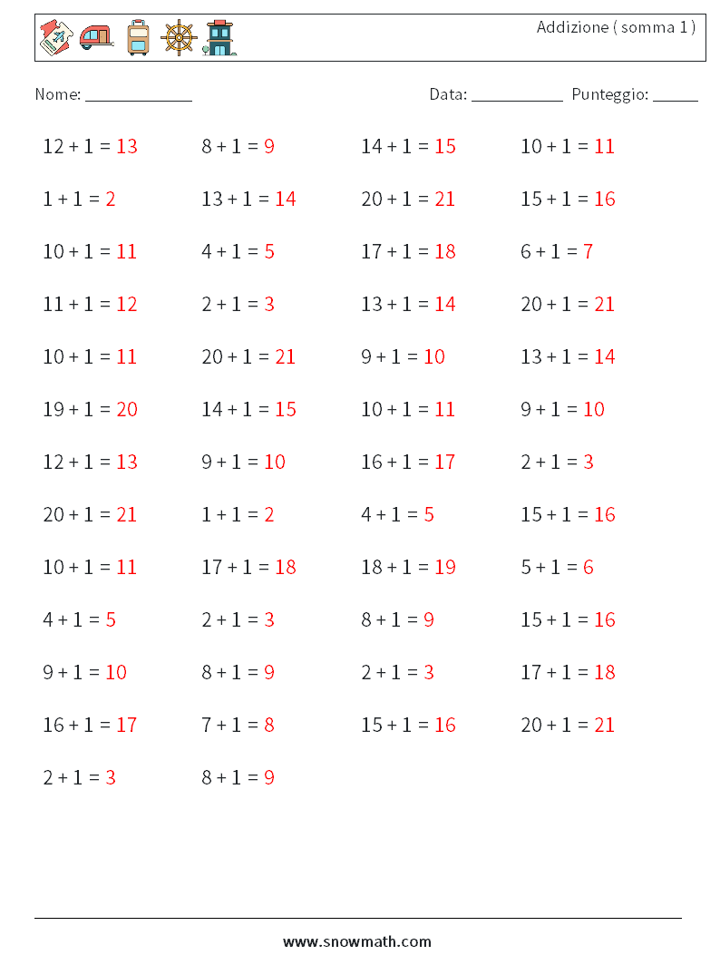 (50) Addizione ( somma 1 ) Fogli di lavoro di matematica 5 Domanda, Risposta