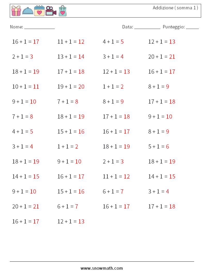 (50) Addizione ( somma 1 ) Fogli di lavoro di matematica 9 Domanda, Risposta
