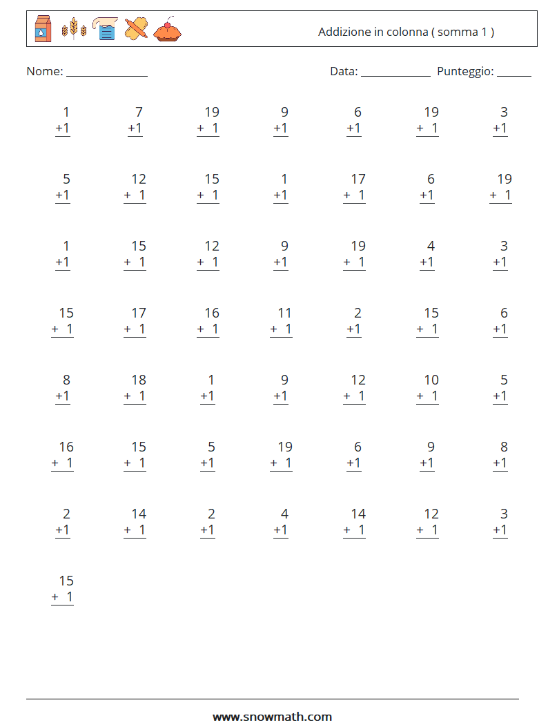 (50) Addizione in colonna ( somma 1 ) Fogli di lavoro di matematica 10