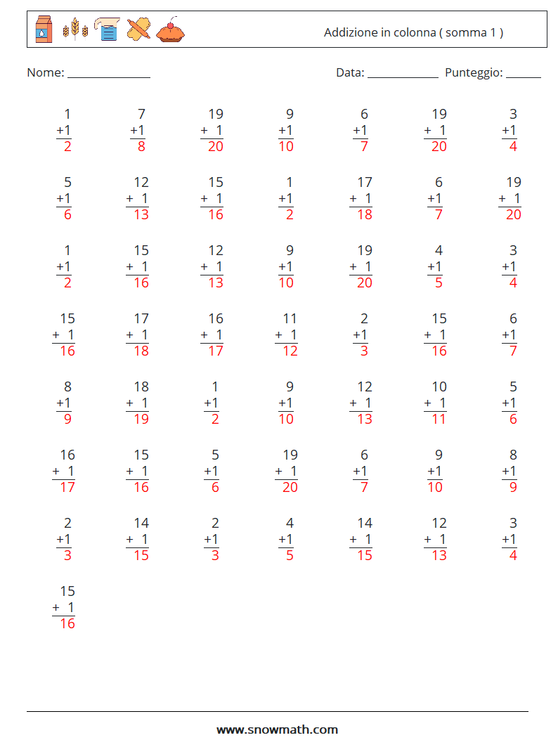(50) Addizione in colonna ( somma 1 ) Fogli di lavoro di matematica 10 Domanda, Risposta