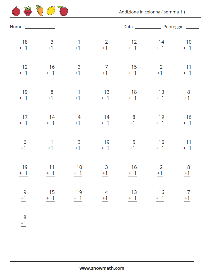 (50) Addizione in colonna ( somma 1 ) Fogli di lavoro di matematica 11