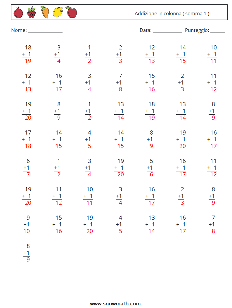 (50) Addizione in colonna ( somma 1 ) Fogli di lavoro di matematica 11 Domanda, Risposta