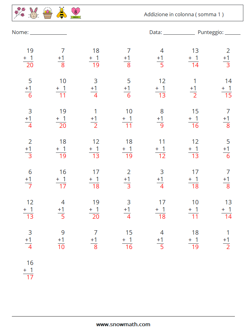 (50) Addizione in colonna ( somma 1 ) Fogli di lavoro di matematica 12 Domanda, Risposta