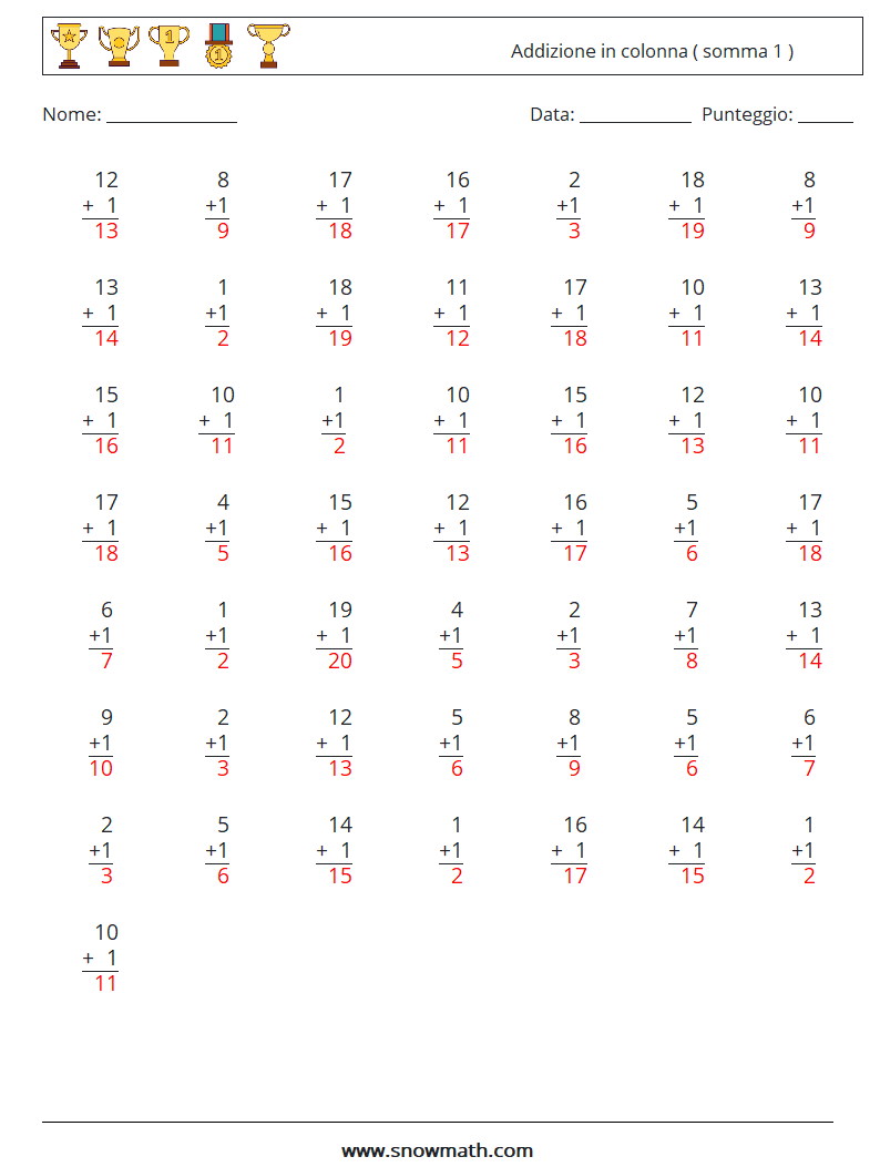 (50) Addizione in colonna ( somma 1 ) Fogli di lavoro di matematica 13 Domanda, Risposta