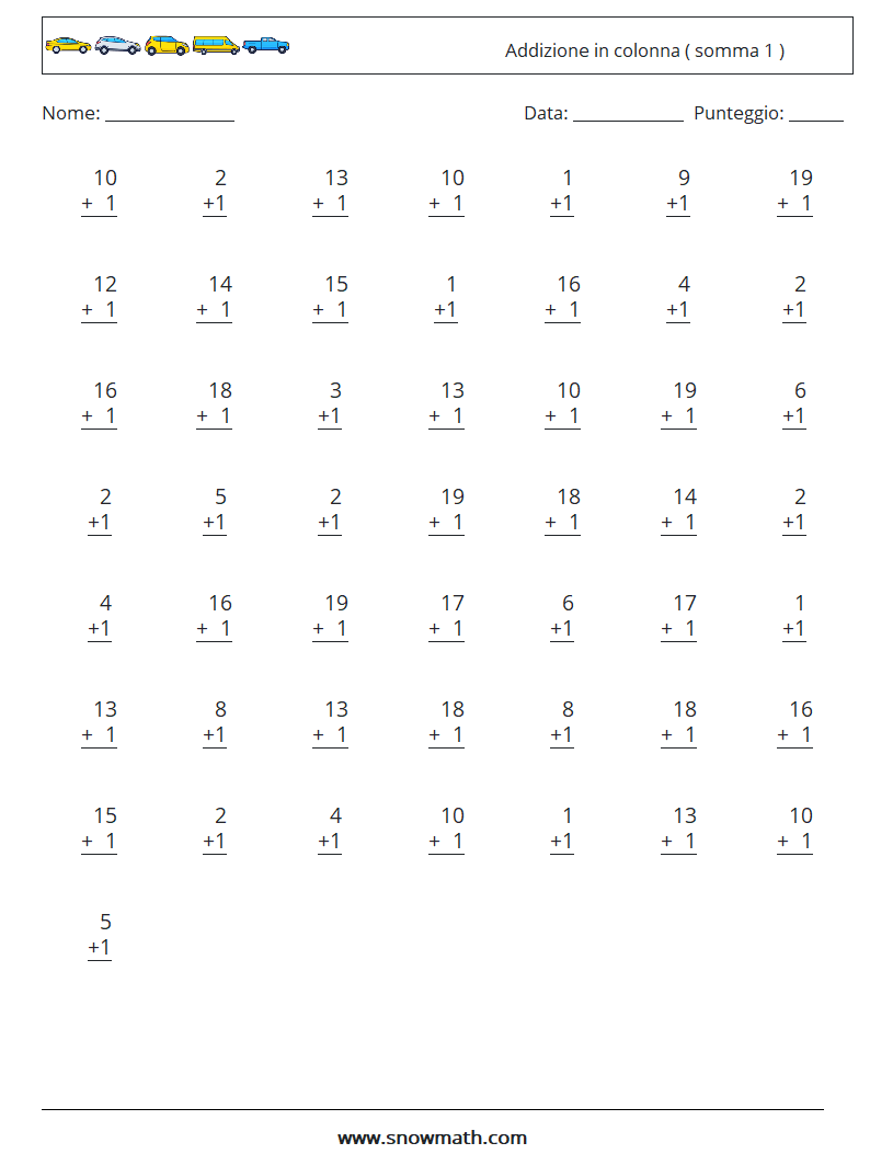 (50) Addizione in colonna ( somma 1 ) Fogli di lavoro di matematica 14