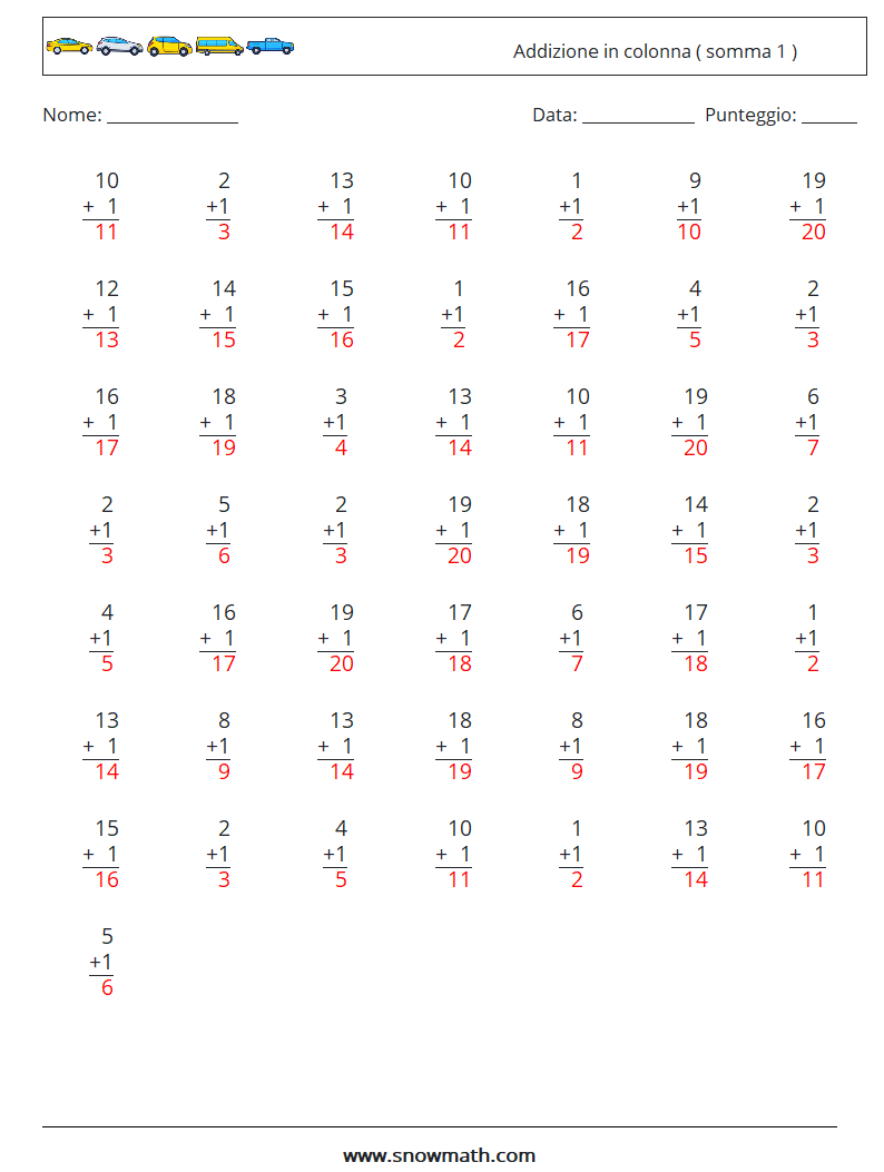 (50) Addizione in colonna ( somma 1 ) Fogli di lavoro di matematica 14 Domanda, Risposta