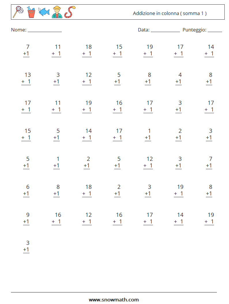 (50) Addizione in colonna ( somma 1 ) Fogli di lavoro di matematica 15