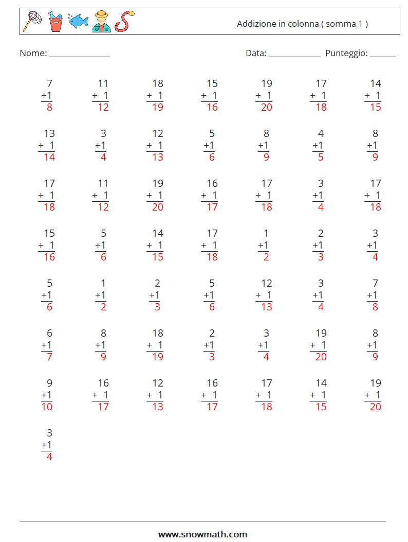 (50) Addizione in colonna ( somma 1 ) Fogli di lavoro di matematica 15 Domanda, Risposta