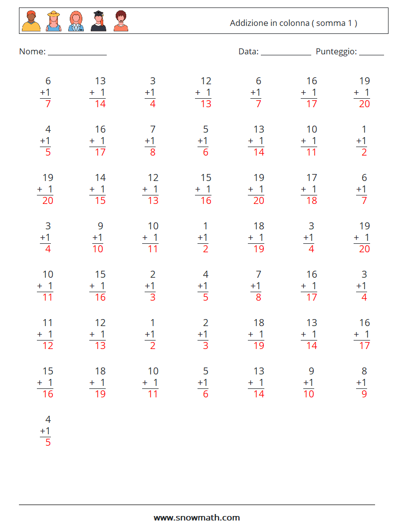 (50) Addizione in colonna ( somma 1 ) Fogli di lavoro di matematica 16 Domanda, Risposta