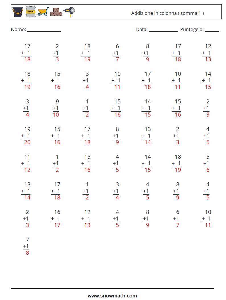 (50) Addizione in colonna ( somma 1 ) Fogli di lavoro di matematica 18 Domanda, Risposta