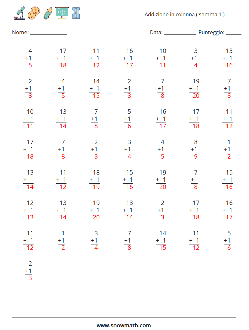 (50) Addizione in colonna ( somma 1 ) Fogli di lavoro di matematica 1 Domanda, Risposta