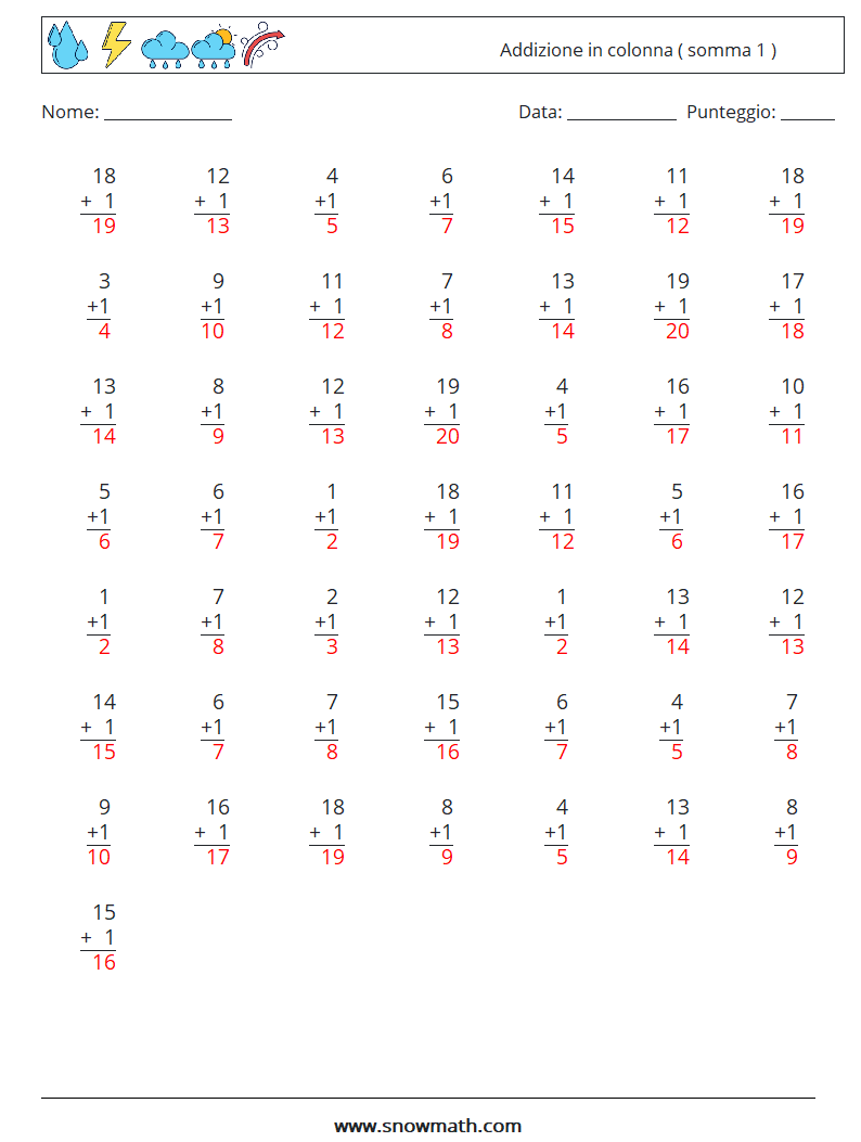 (50) Addizione in colonna ( somma 1 ) Fogli di lavoro di matematica 2 Domanda, Risposta