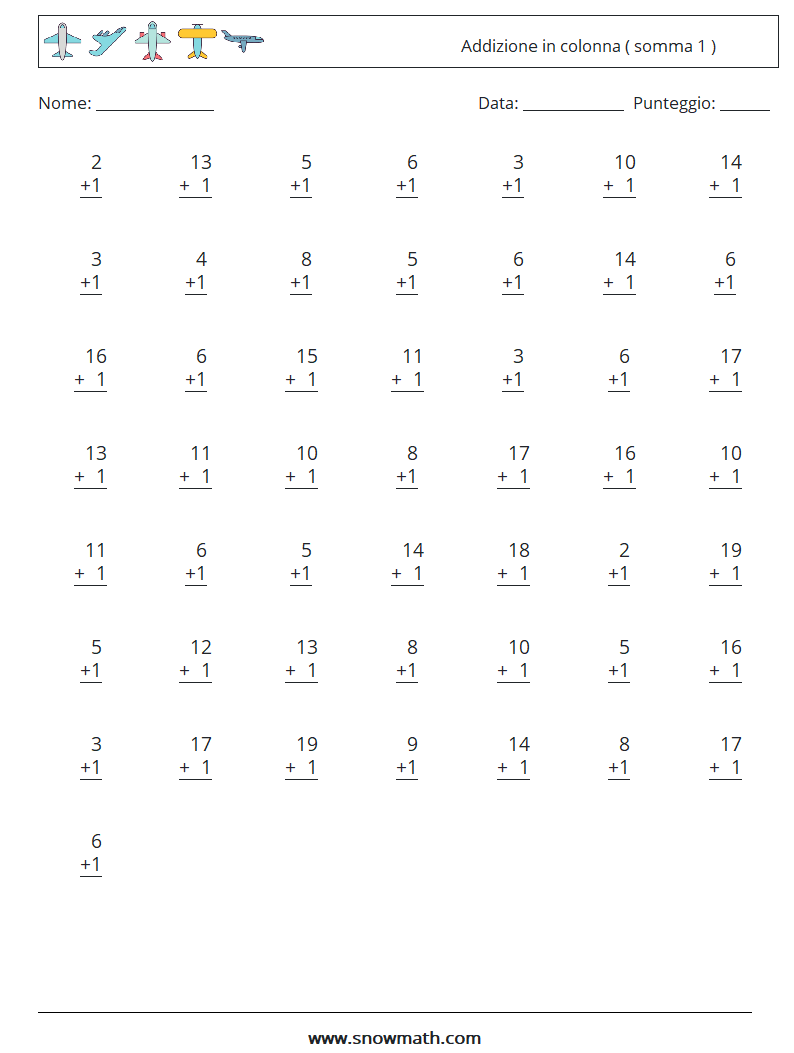 (50) Addizione in colonna ( somma 1 ) Fogli di lavoro di matematica 3