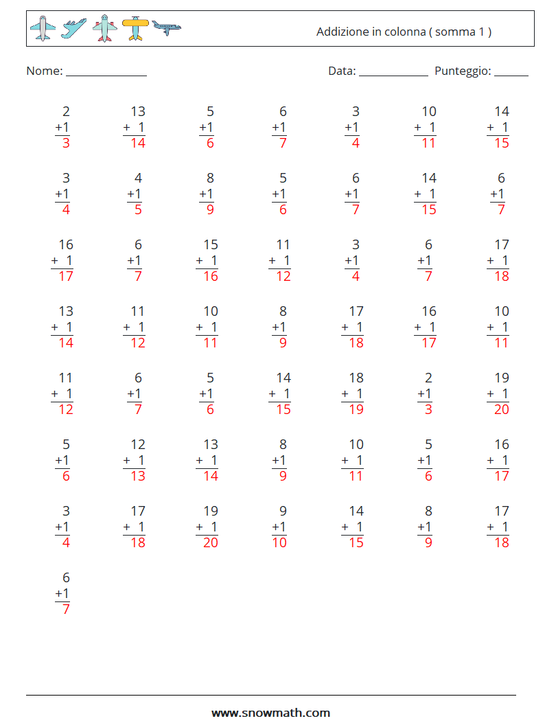 (50) Addizione in colonna ( somma 1 ) Fogli di lavoro di matematica 3 Domanda, Risposta