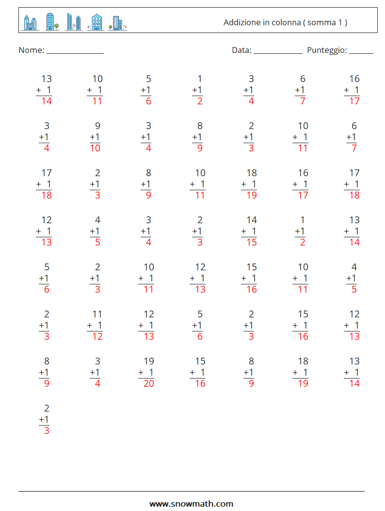 (50) Addizione in colonna ( somma 1 ) Fogli di lavoro di matematica 4 Domanda, Risposta