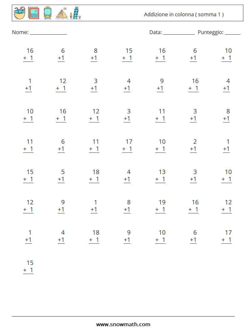 (50) Addizione in colonna ( somma 1 ) Fogli di lavoro di matematica 5