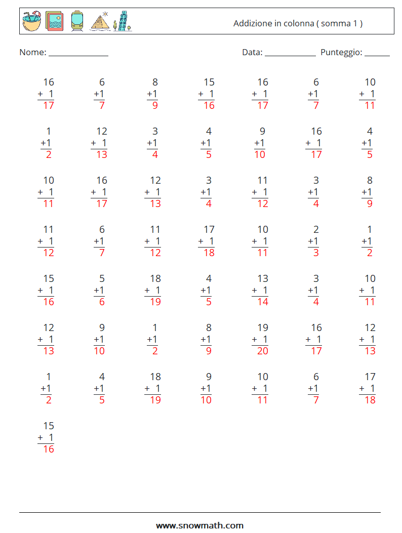 (50) Addizione in colonna ( somma 1 ) Fogli di lavoro di matematica 5 Domanda, Risposta